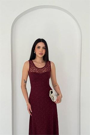 Neşeli butik kadın bordo transparan detaylı tam boy astarlı dantel elbise --- NBK4619