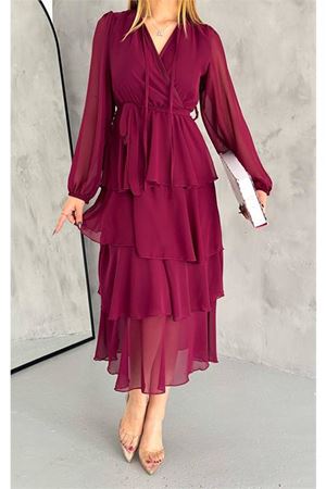 Neşeli butik kadın astarlı eteği kat kat şifon elbise NBKKLF2041