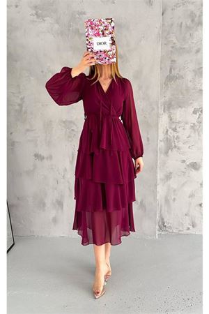 Neşeli butik kadın astarlı eteği kat kat şifon elbise NBKKLF2041