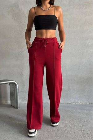 Neşeli butik kadın bordo cepli bol paça pamuklu eşofman altı NBG042