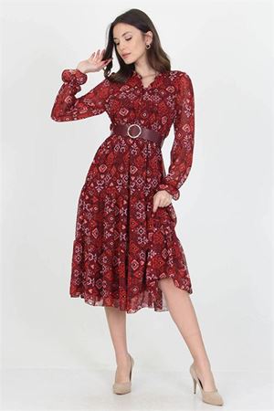 Neşeli butik kadın kemerli yakası bağlama detaylı desenli şifon elbise RSSN02