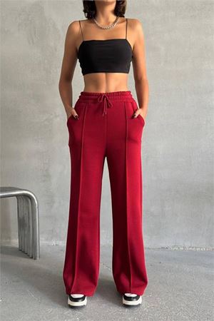 Neşeli butik kadın bordo cepli bol paça pamuklu eşofman altı NBG042