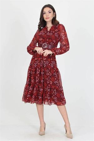 Neşeli butik kadın kemerli yakası bağlama detaylı desenli şifon elbise RSSN02