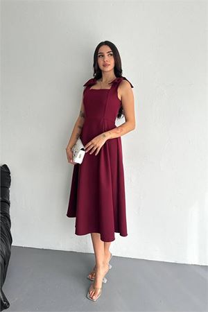 Neşeli butik kadın askılı fiyonk detaylı kloş elbise NBK4185