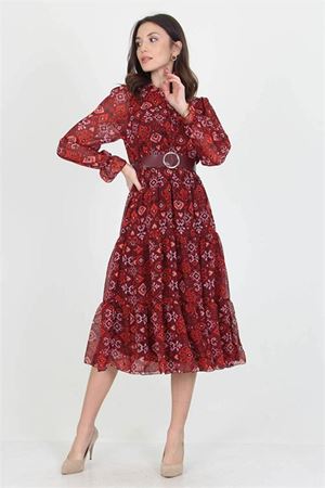 Neşeli butik kadın kemerli yakası bağlama detaylı desenli şifon elbise RSSN02