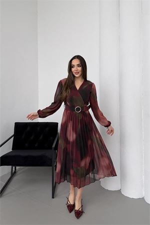Neşeli butik kadın bordo beli kemerli piliseli kruvaze yaka şifon elbise NBELB03