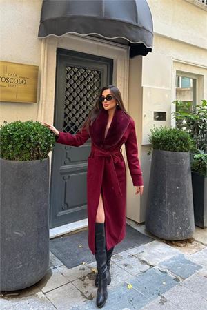 Neşeli butik kadın cep detaylı kuşaklı yaka kürklü tam boy kaşe kaban NBSTR1003