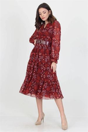 Neşeli butik kadın kemerli yakası bağlama detaylı desenli şifon elbise RSSN02