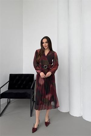 Neşeli butik kadın bordo beli kemerli piliseli kruvaze yaka şifon elbise NBELB03