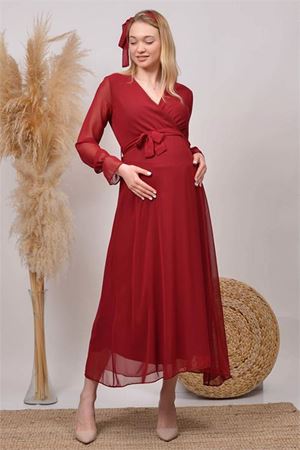 Neşeli butik kadın yeni sezon kruvaze yaka şifon hamile elbise HML003