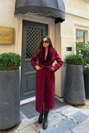 Neşeli butik kadın cep detaylı kuşaklı yaka kürklü tam boy kaşe kaban NBSTR1003