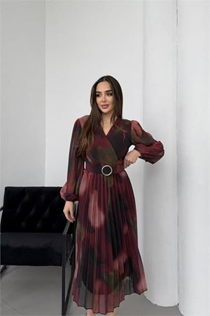 Neşeli butik kadın bordo beli kemerli piliseli kruvaze yaka şifon elbise NBELB03