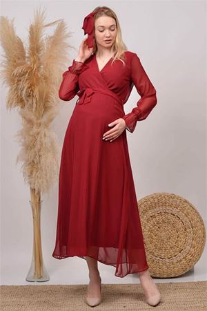 Neşeli butik kadın yeni sezon kruvaze yaka şifon hamile elbise HML003