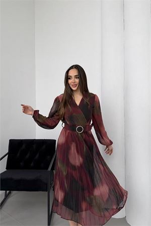 Neşeli butik kadın bordo beli kemerli piliseli kruvaze yaka şifon elbise NBELB03
