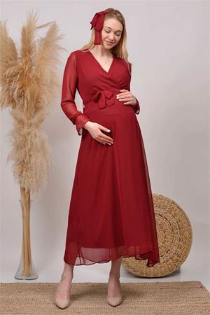 Neşeli butik kadın yeni sezon kruvaze yaka şifon hamile elbise HML003