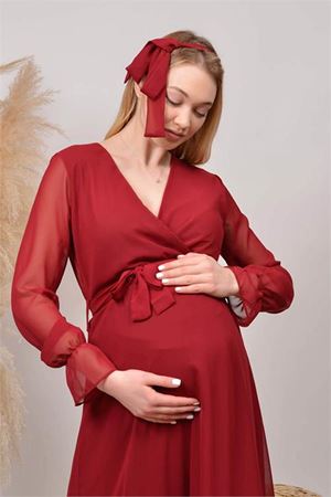 Neşeli butik kadın yeni sezon kruvaze yaka şifon hamile elbise HML003