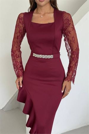 Neşeli butik kadın dantel detaylı taş kemerli asimetrik abiye elbise NBNC2603