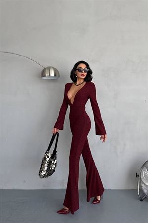 Neşeli butik kadın bordo dekolteli novel sim maxi tulum NBDF118