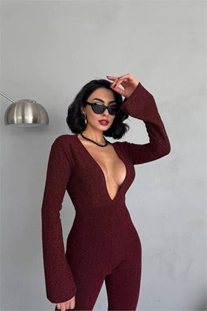 Neşeli butik kadın bordo dekolteli novel sim maxi tulum NBDF118