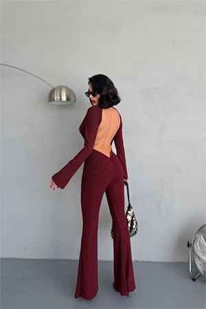 Neşeli butik kadın bordo dekolteli novel sim maxi tulum NBDF118