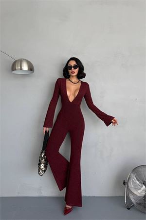 Neşeli butik kadın bordo dekolteli novel sim maxi tulum NBDF118