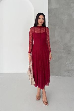 Neşeli butik kadın bordo midi boy transparan detaylı astarlı dantel elbise NBK080
