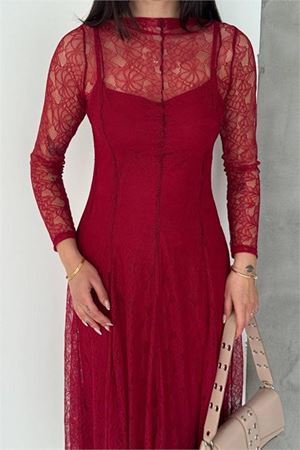 Neşeli butik kadın bordo midi boy transparan detaylı astarlı dantel elbise NBK080