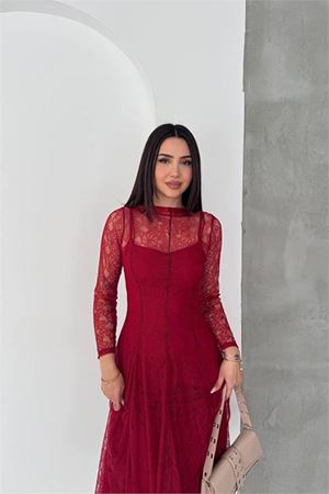 Neşeli butik kadın bordo midi boy transparan detaylı astarlı dantel elbise NBK080