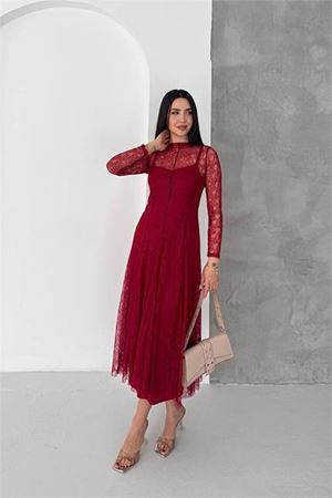 Neşeli butik kadın bordo midi boy transparan detaylı astarlı dantel elbise NBK080