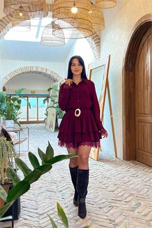 Neşeli butik kadın bordo gömlek yaka dantel detaylı kat kat mini elbise NBMY3858