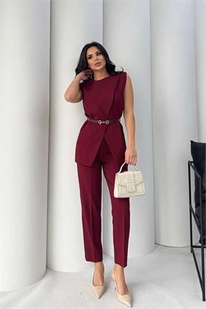 Neşeli butik kadın bordo kemer detaylı yelek pantolon ikili takım NBSTR4061