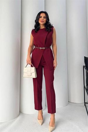 Neşeli butik kadın bordo kemer detaylı yelek pantolon ikili takım NBSTR4061