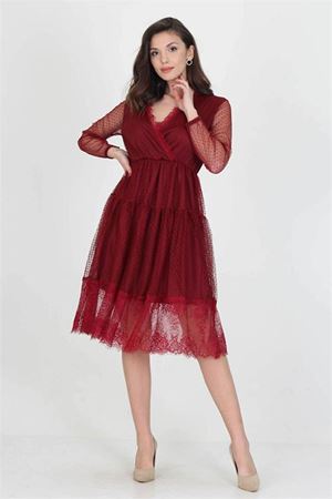 Neseli butik kruvaze yaka eteği güpür detaylı yeni sezon elbise NB0010