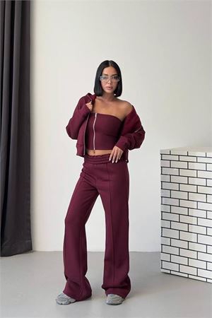 Neşeli butik kadın bordo fermuarlı 3 iplik şardonlu üçlü yeni sezon eşofman takımı NBG6372