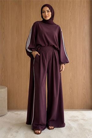 Neşeli butik kadın bordo şerit detaylı oversize tunik pantolon ikili tesettür takım NMS102