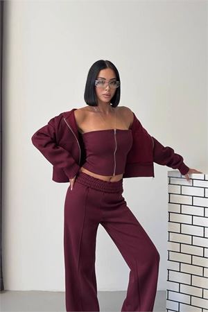 Neşeli butik kadın bordo fermuarlı 3 iplik şardonlu üçlü yeni sezon eşofman takımı NBG6372