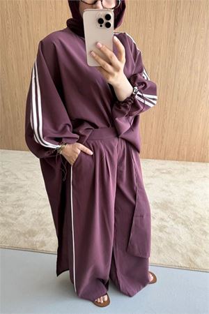 Neşeli butik kadın bordo şerit detaylı oversize tunik pantolon ikili tesettür takım NMS102