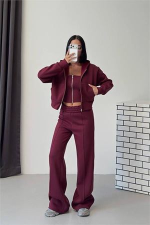 Neşeli butik kadın bordo fermuarlı 3 iplik şardonlu üçlü yeni sezon eşofman takımı NBG6372