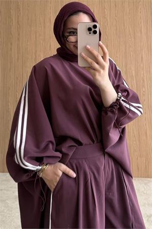Neşeli butik kadın bordo şerit detaylı oversize tunik pantolon ikili tesettür takım NMS102