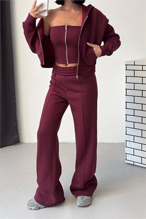 Neşeli butik kadın bordo fermuarlı 3 iplik şardonlu üçlü yeni sezon eşofman takımı NBG6372