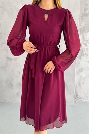 Neşeli butik kadın bordo midi boy astarlı şifon elbise NBKKLF2027