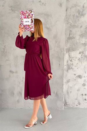 Neşeli butik kadın bordo midi boy astarlı şifon elbise NBKKLF2027