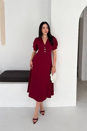 Neşeli butik kadın bordo V yaka midi boy düğme detaylı kısa kol elbise NBK4612