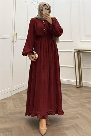 Neşeli butik kadın bordo eteği fırfırlı düğme detaylı pamuklu salaş tesettür elbise NMS086