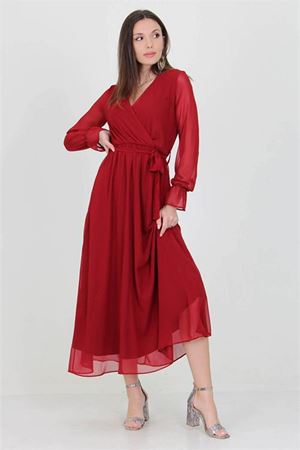 Neşeli Butik Kadın Bordo Yeni Sezon Astarlı Kruvaze Yaka Uzun Şifon Elbise NB003