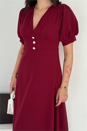 Neşeli butik kadın bordo V yaka midi boy düğme detaylı kısa kol elbise NBK4612