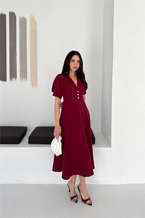 Neşeli butik kadın bordo V yaka midi boy düğme detaylı kısa kol elbise NBK4612