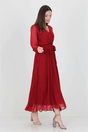 Neşeli Butik Kadın Bordo Yeni Sezon Astarlı Kruvaze Yaka Uzun Şifon Elbise NB003