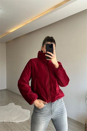 Neşeli butik kadın fitilli desen kadife kısa şişme mont NM005