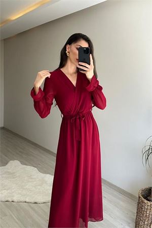 Neşeli butik kadın uzun kollu kuşaklı maxi şifon elbise NM001